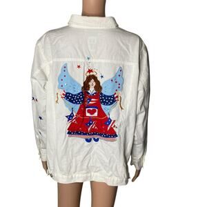Quacker Factory Denim Jacket Womens 1X Embroidered Angel Red White Blue Stars